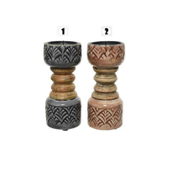 Decoris Mangowood Candle Holder with Carving Design - 2 Assorted