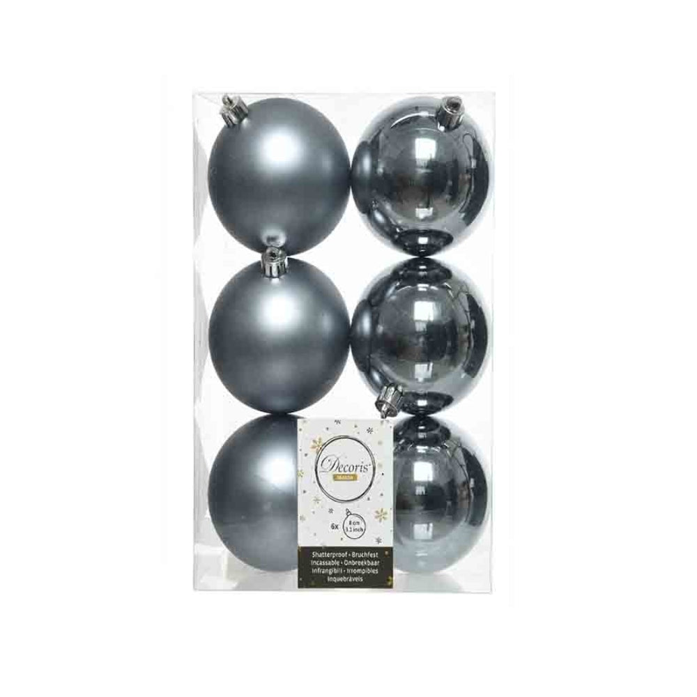 Decoris Shatterproof Baubles Box of 6 Pieces 8cm - Blue Stone