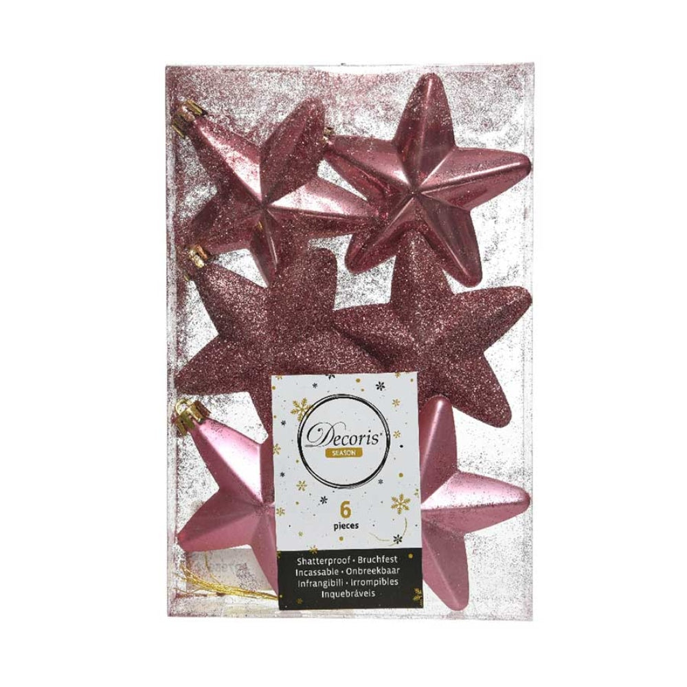 Decoris Shatterproof Star Baubles Box of 6 - Velvet Pink