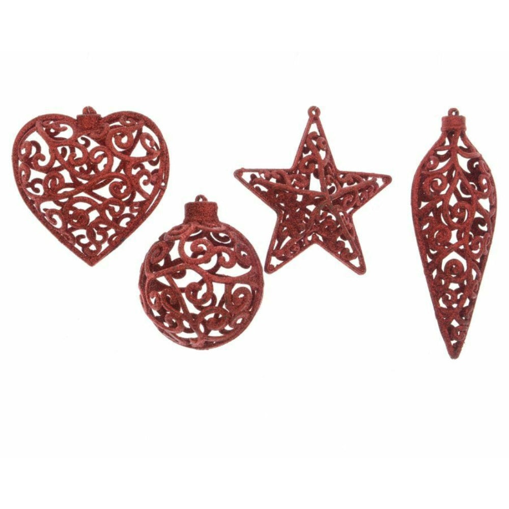 Decoris Hanging Plastic Christmas Ornament with Glitter - Red 4 Assorted