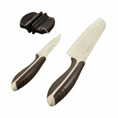 Ambition Brown Stone Knife Set of 3 Pieces with Double Sided Sharpener