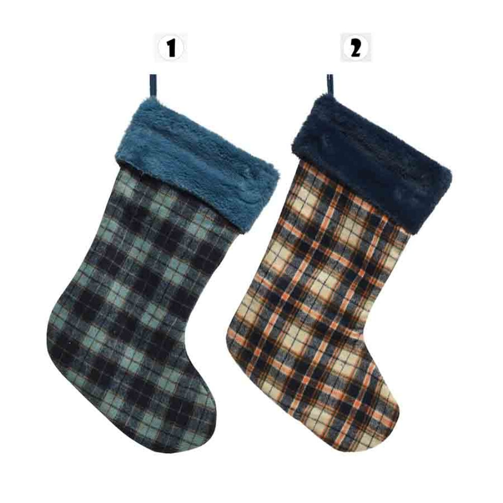 Decoris Polyester Stocking with Checkered Design 28cm - 2 Assorted Shades of Blue