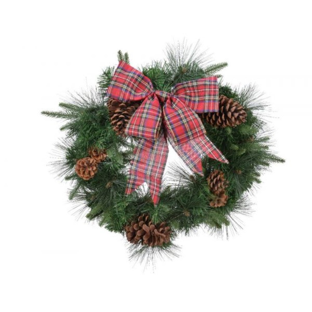 Everlands Needle Wreath with Tartan Bow and Pinecones 50cm