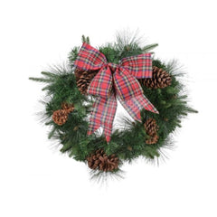 Everlands Needle Wreath with Tartan Bow and Pinecones 50cm