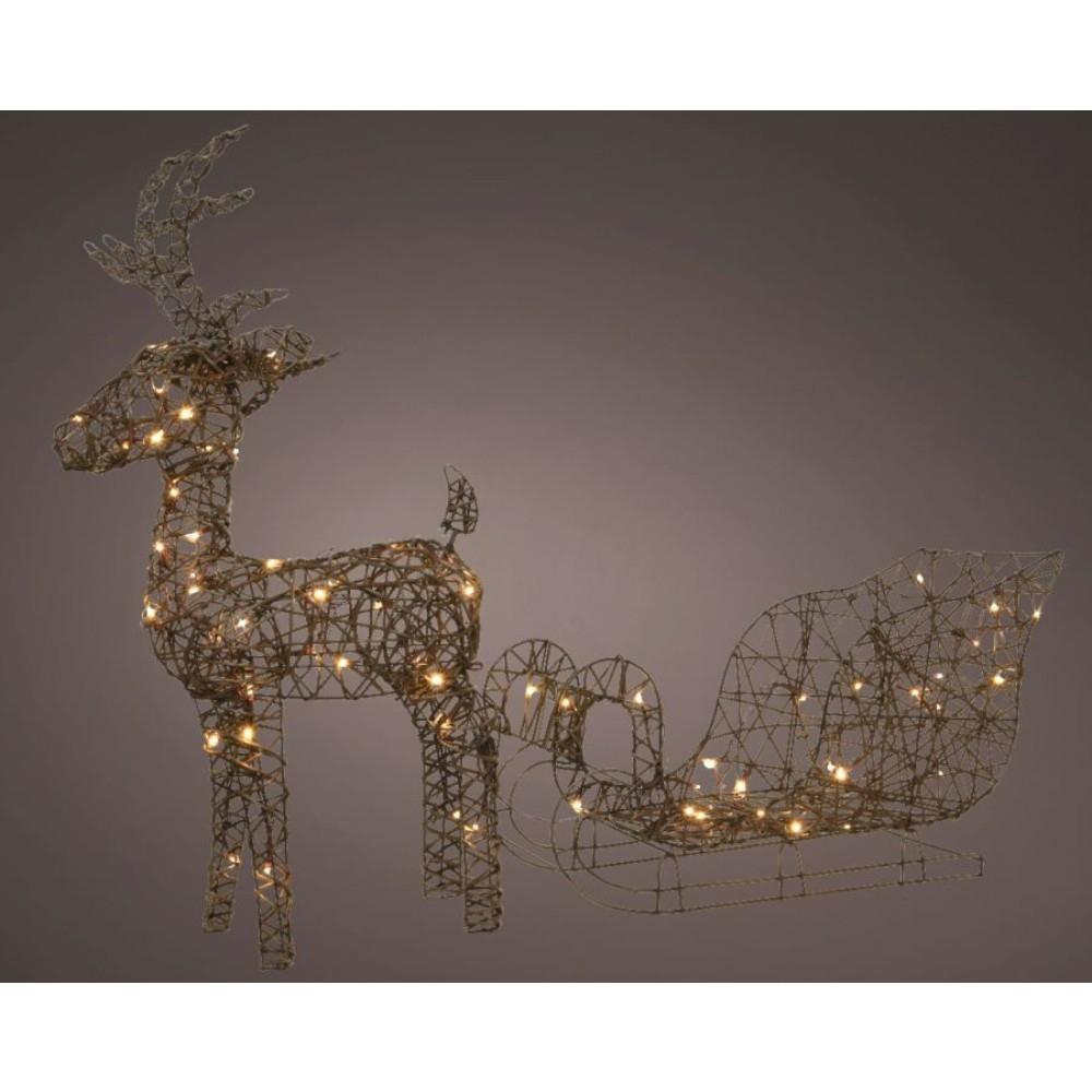 Lumineo 72 Led Wicker Deer with Sleigh 72cm - Brown/Warm White