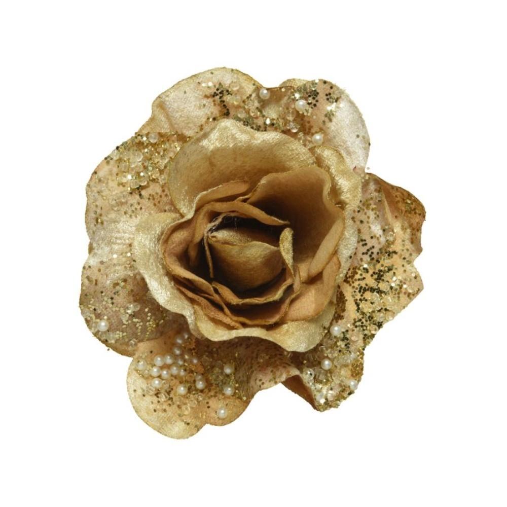 Everlands Clip-On Polyester Rose with Glitter and Pearls 13cm - Gold