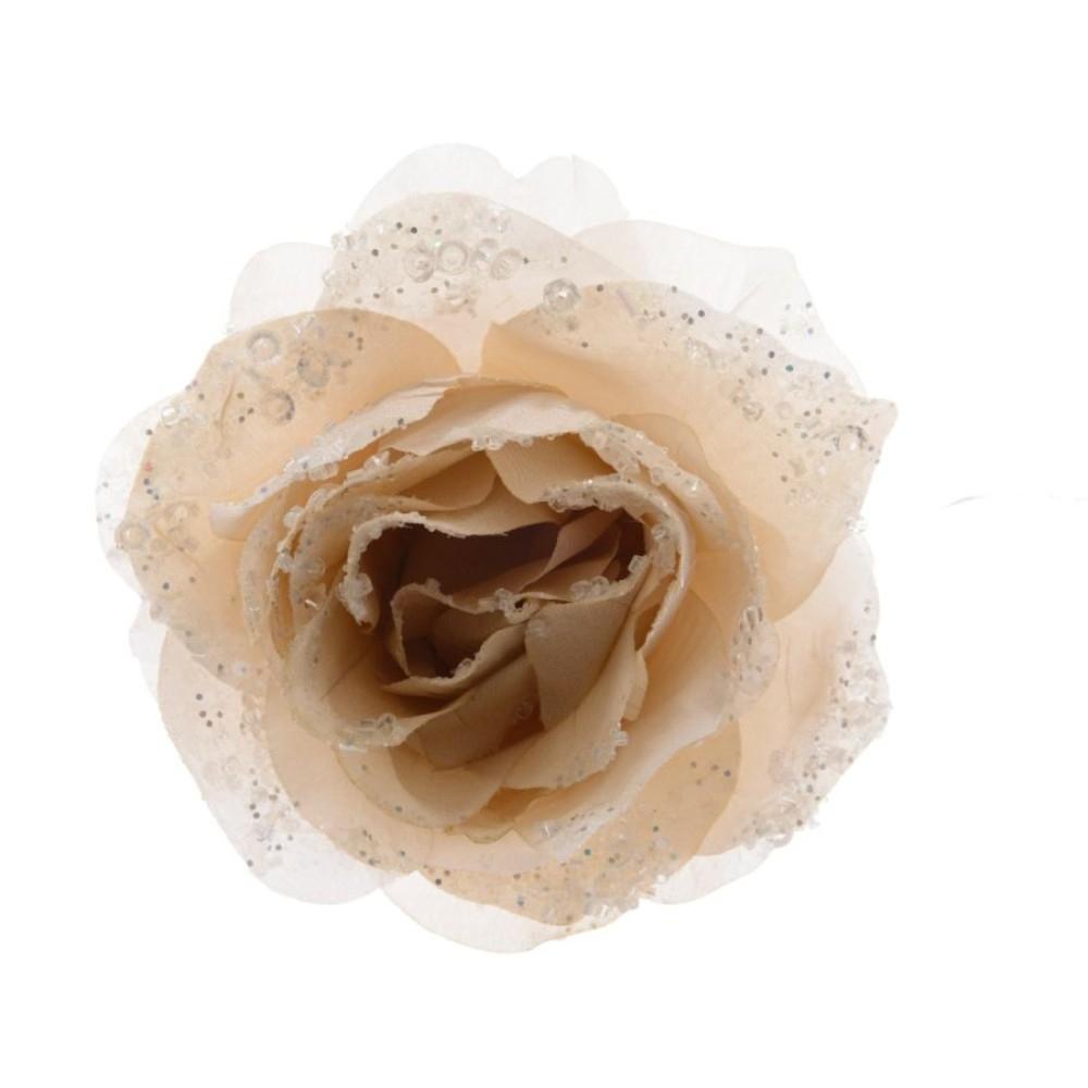 Everlands Clip-On Polyester Rose with Glitter 14cm - Cream