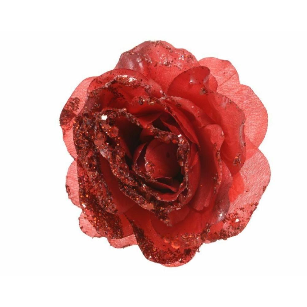 Everlands Clip-On Polyester Rose with Glitter 14cm - Christmas Red