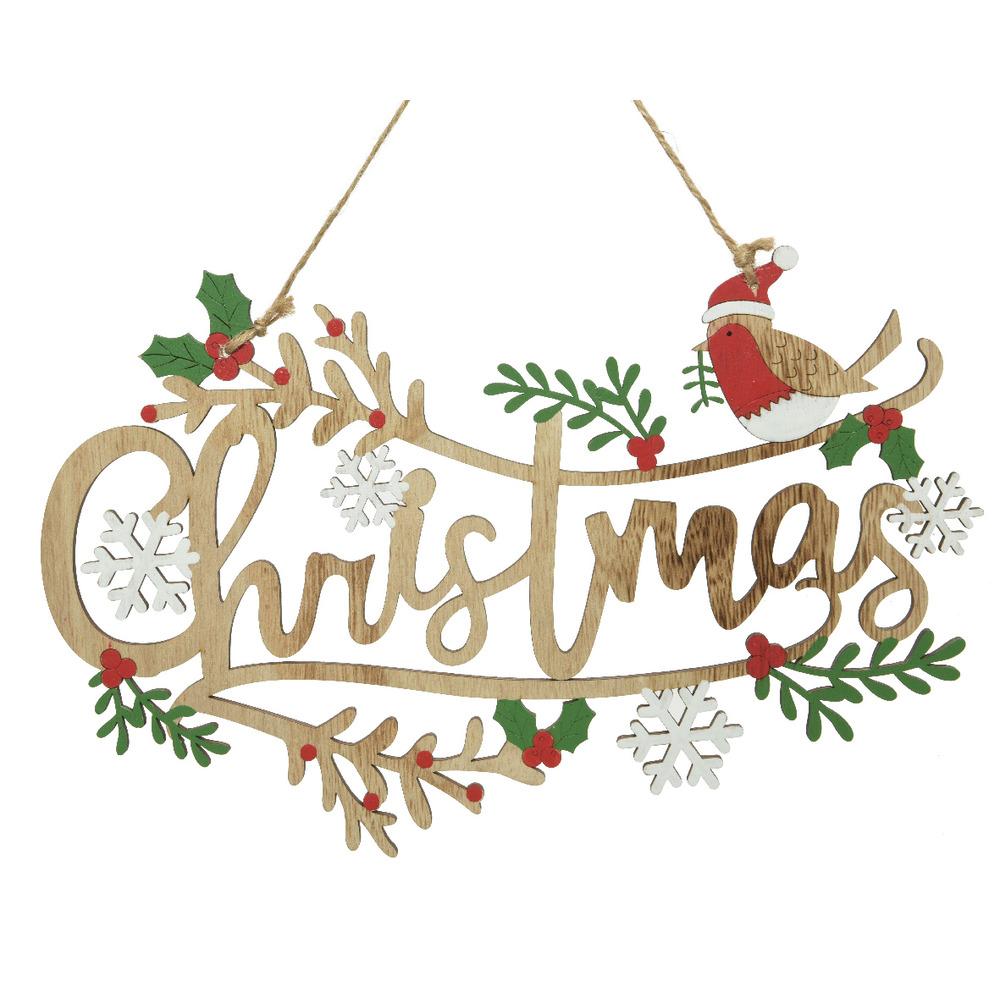 Decoris Wooden Christmas Sign with Snowflakes and Robin 30cm