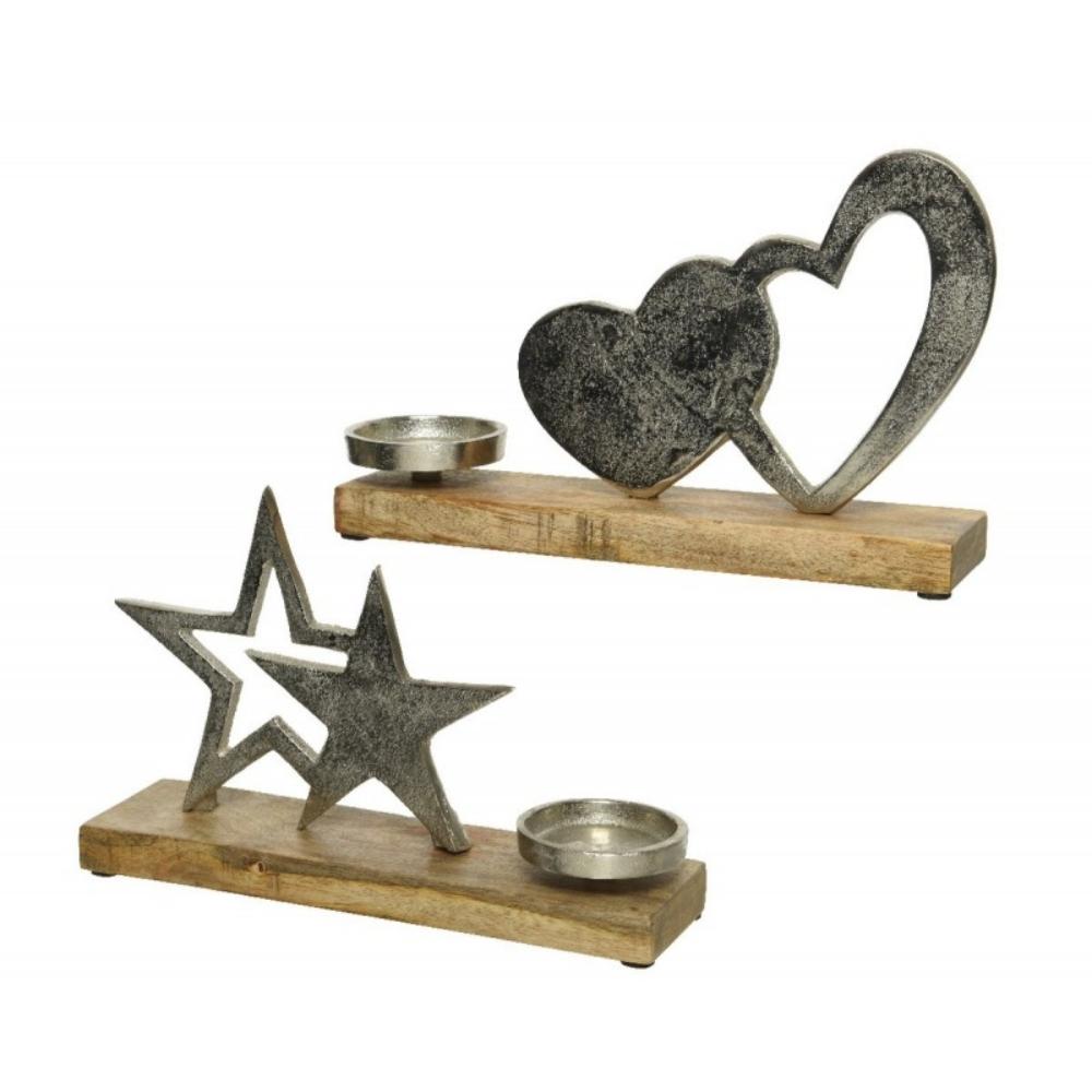 Decoris Mangowood and Aluminium Candle Holder 27 x 17cm - 2 Assorted