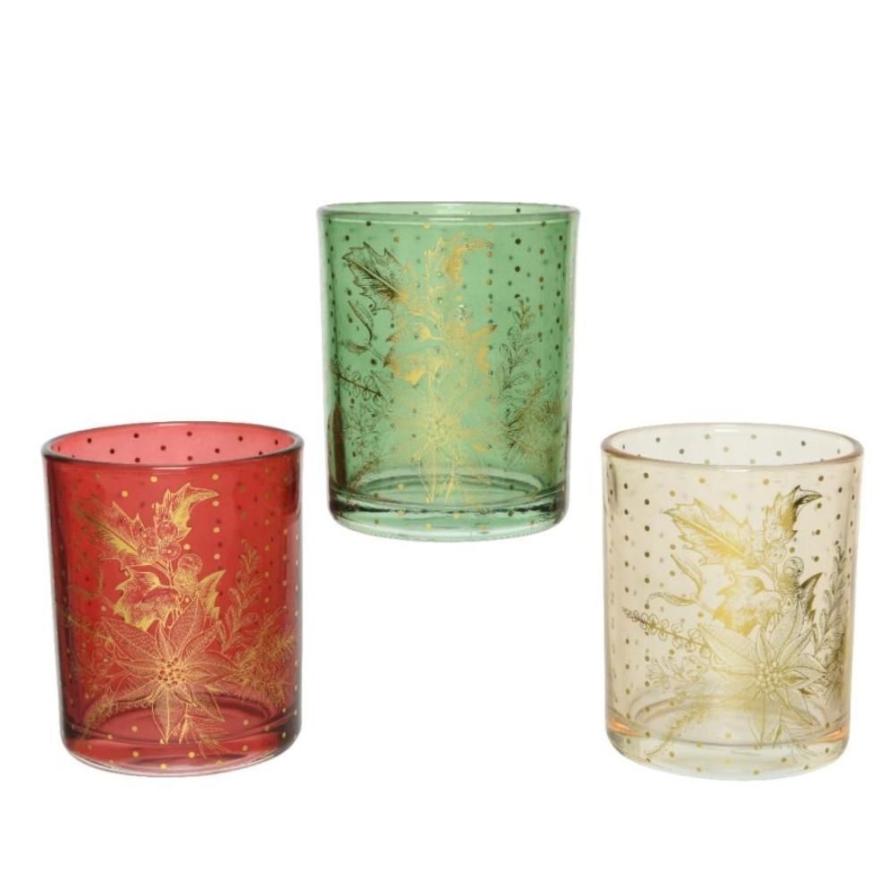 Decoris Glass Tealight Holder with Gold Design 8cm - 3 Assorted Colours