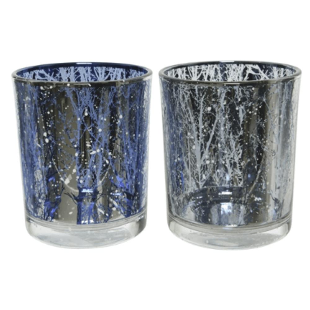 Decoris Glass Tealight Holder with Laser Cut Branches 8cm - 2 Assorted Shades of Blue