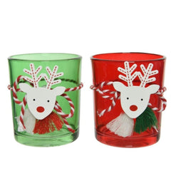 Decoris Glass Tealight Holder with Reindeer 8cm - 2 Assorted Colours