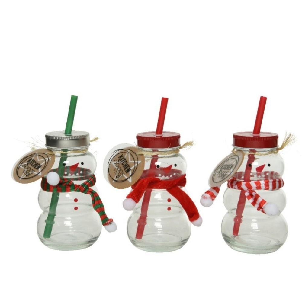 Kitchen Goods Glass Drinking Jar with Straw 12.5cm - 3 Assorted Snowman