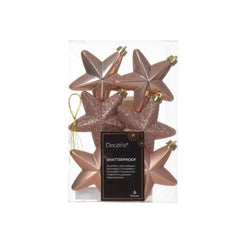 Decoris Shatterproof Star Baubles Box of 6 - Sparkling Rose