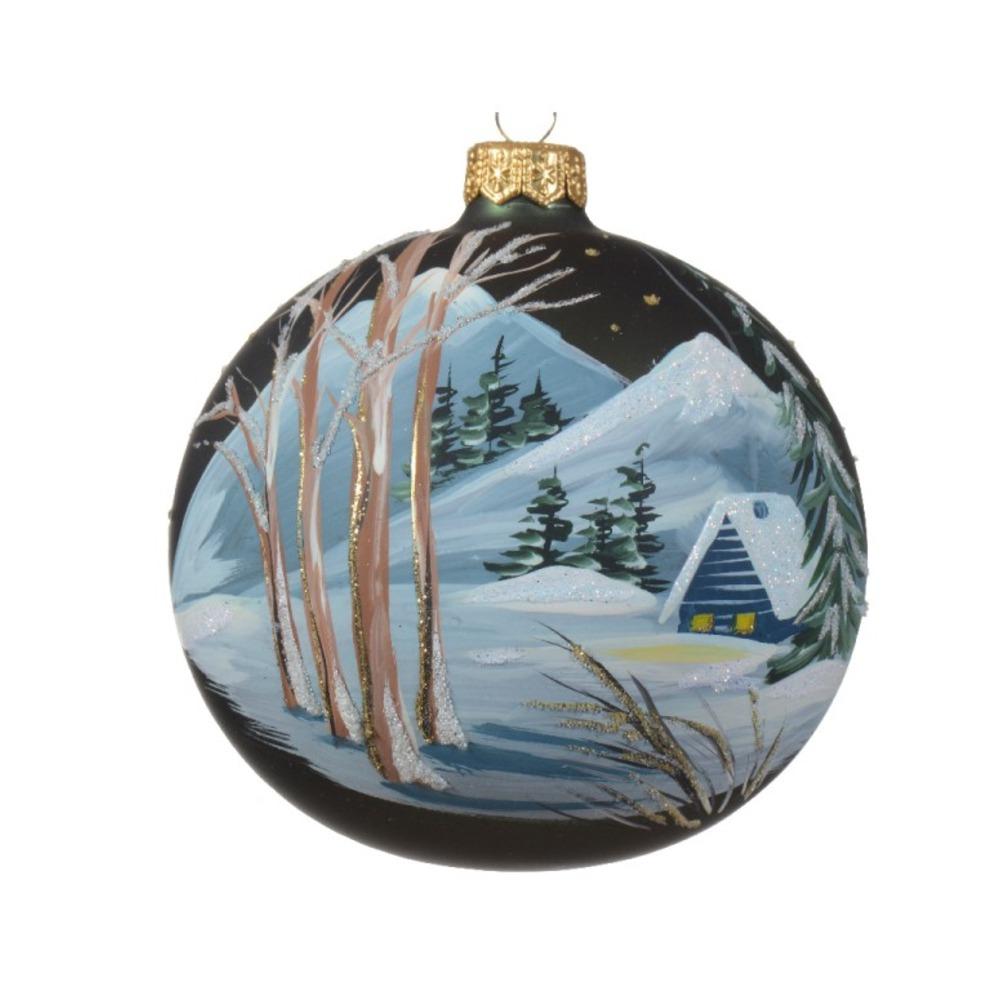 Decoris Glass Bauble with Hand painted Winterland Scene 10cm