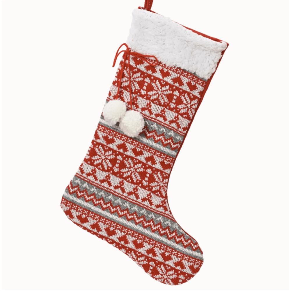 Decoris Polyester Embroidered Stocking with Pompom - 2 Assorted