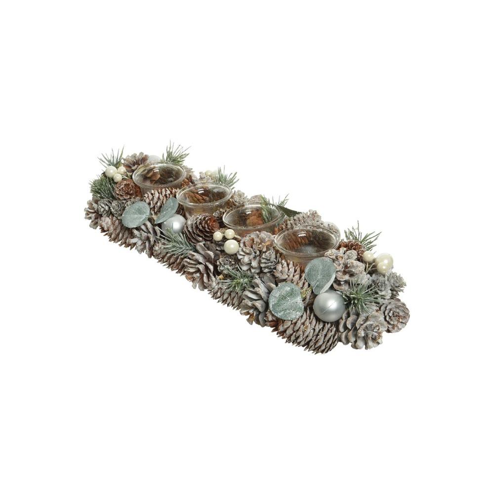 Decoris Tealight Holder with Pinecones and Pearls 47cm - Frosted Silver