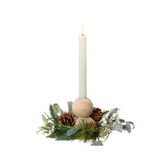 Everlands Modern Candleholder with Pre-Lit Candle, Wooden Base, Pinecones and Eucalyptus 22cm