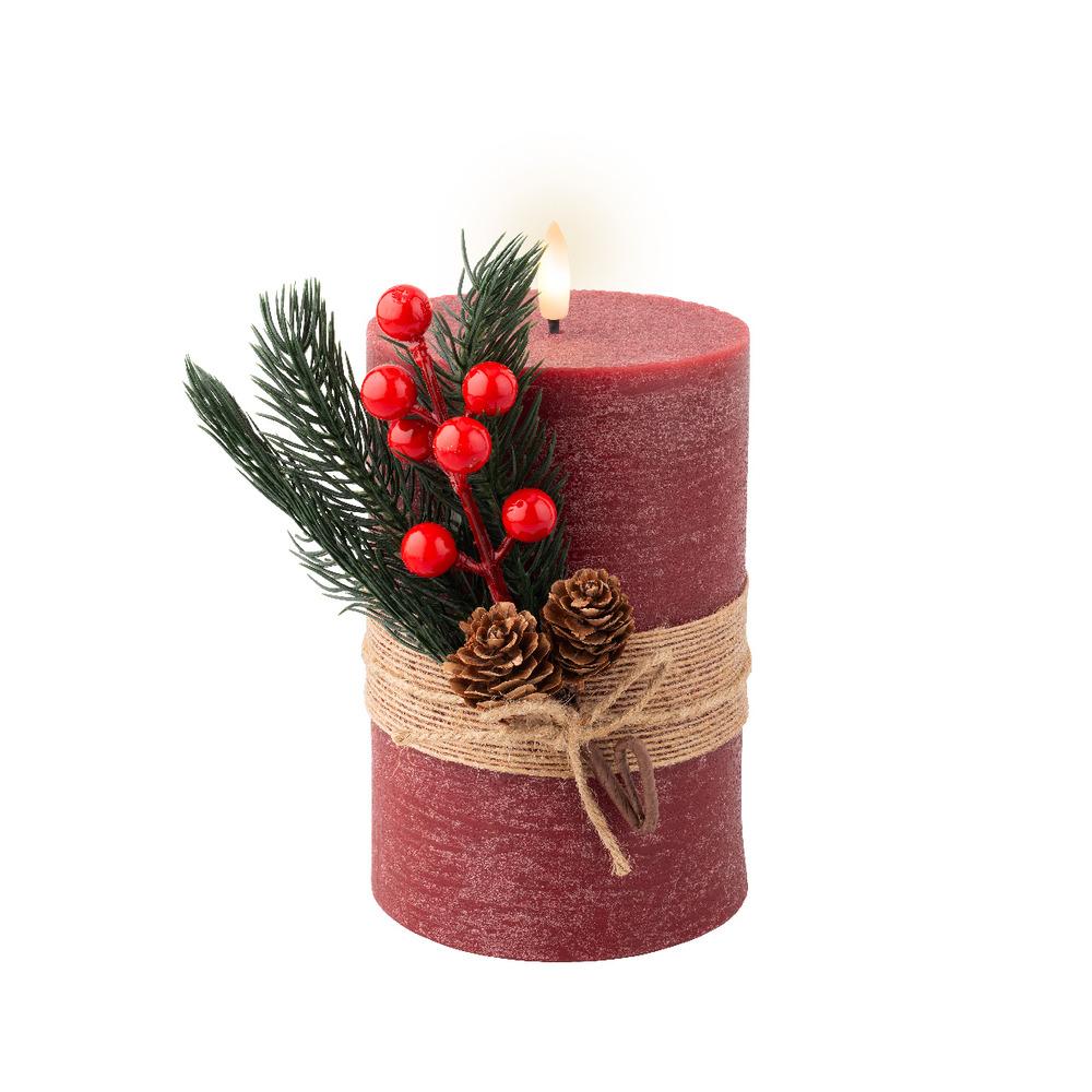 Lumineo BO Led Wax Candle with Flame Effect and Leaves Decorations 10 x 18cm - Red