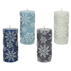 Decoris Pillar Wax Candle with Snow Finish and Embossed Snowflake 7x15cm - 4 Assorted Shades of Blue