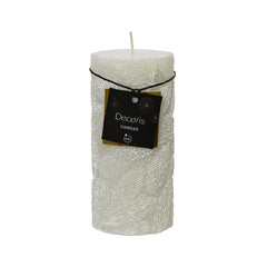 Decoris Pillar Wax Candle with Snow Leaf Relief 7 x 15cm - Winter White