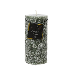 Decoris Pillar Wax Candle with Snow Leaf Relief 7 x 15cm - Rosemary Green