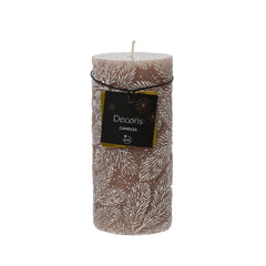 Decoris Pillar Wax Candle with Snow Leaf Relief 7 x 15cm - Pecan Brown