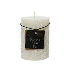 Decoris Pillar Wax Candle with Snow Leaf Relief 7 x 10cm - Winter White