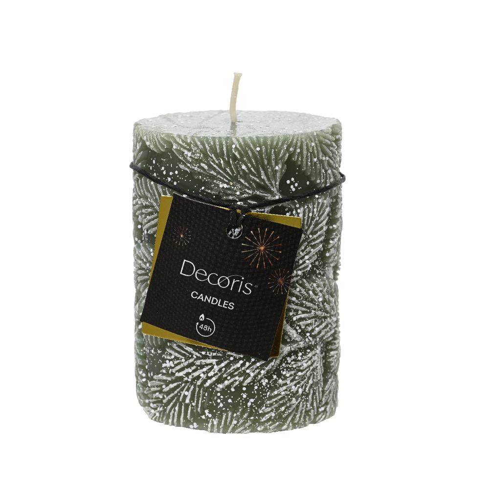 Decoris Pillar Wax Candle with Snow Leaf Relief 7 x 10cm - Rosemary Green