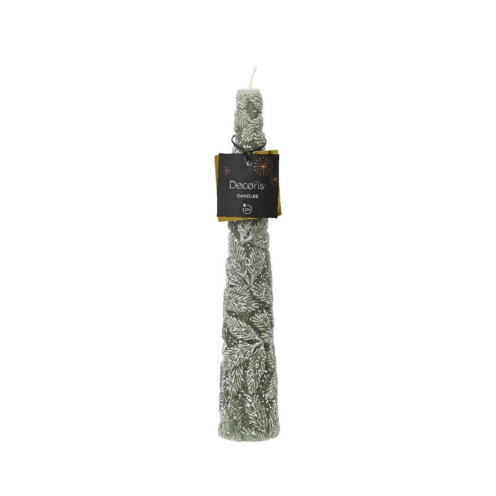 Decoris Dinner Cone Candle with Snow Leaf Relief 4.5 x 25cm - Rosemary Green