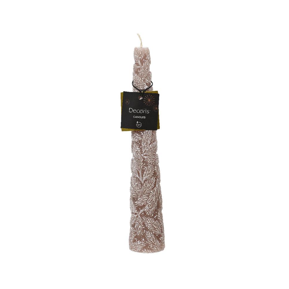 Decoris Dinner Cone Candle with Snow Leaf Relief 4.5 x 25cm - Pecan Brown