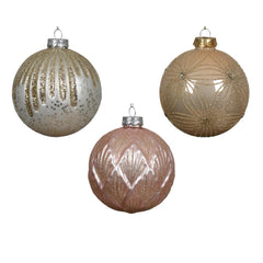 Decoris Glass Bauble with Gold Glitter Design 10cm - 3 Assorted Shades of Pink