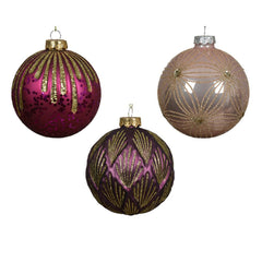 Decoris Glass Bauble with Gold Glitter Design 10cm - 3 Assorted Shades of Purple