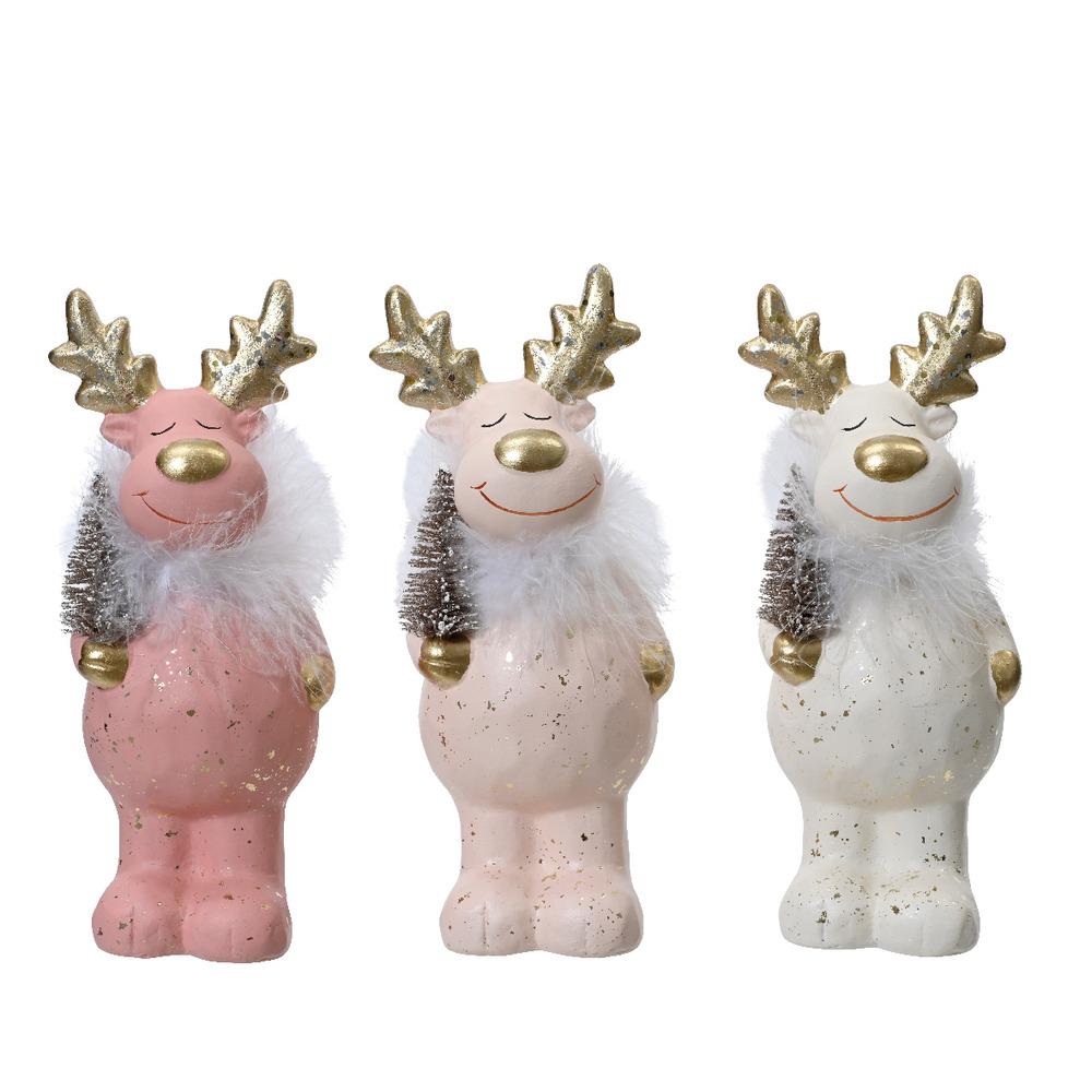 Decoris Terracotta Deer Figure with Faux Fur 22cm - 3 Assorted Shades of Pink