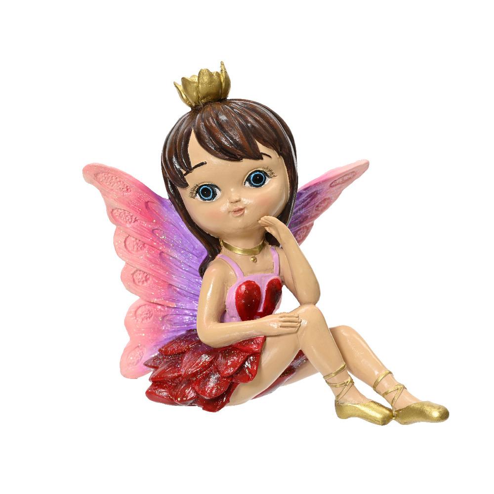 Decoris Polyresin Sitting Glitter Fairy with Butterfly Wing and Crown 15cm