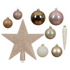 Decoris Shatterproof Bauble Set of 33 Pieces with Star Tree Topper - Pearl, Pink and Wool White