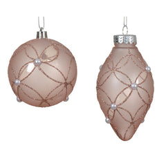 Decoris Shatterproof Bauble with Glitter and Pearls 8cm - 2 Assorted Blush Pink