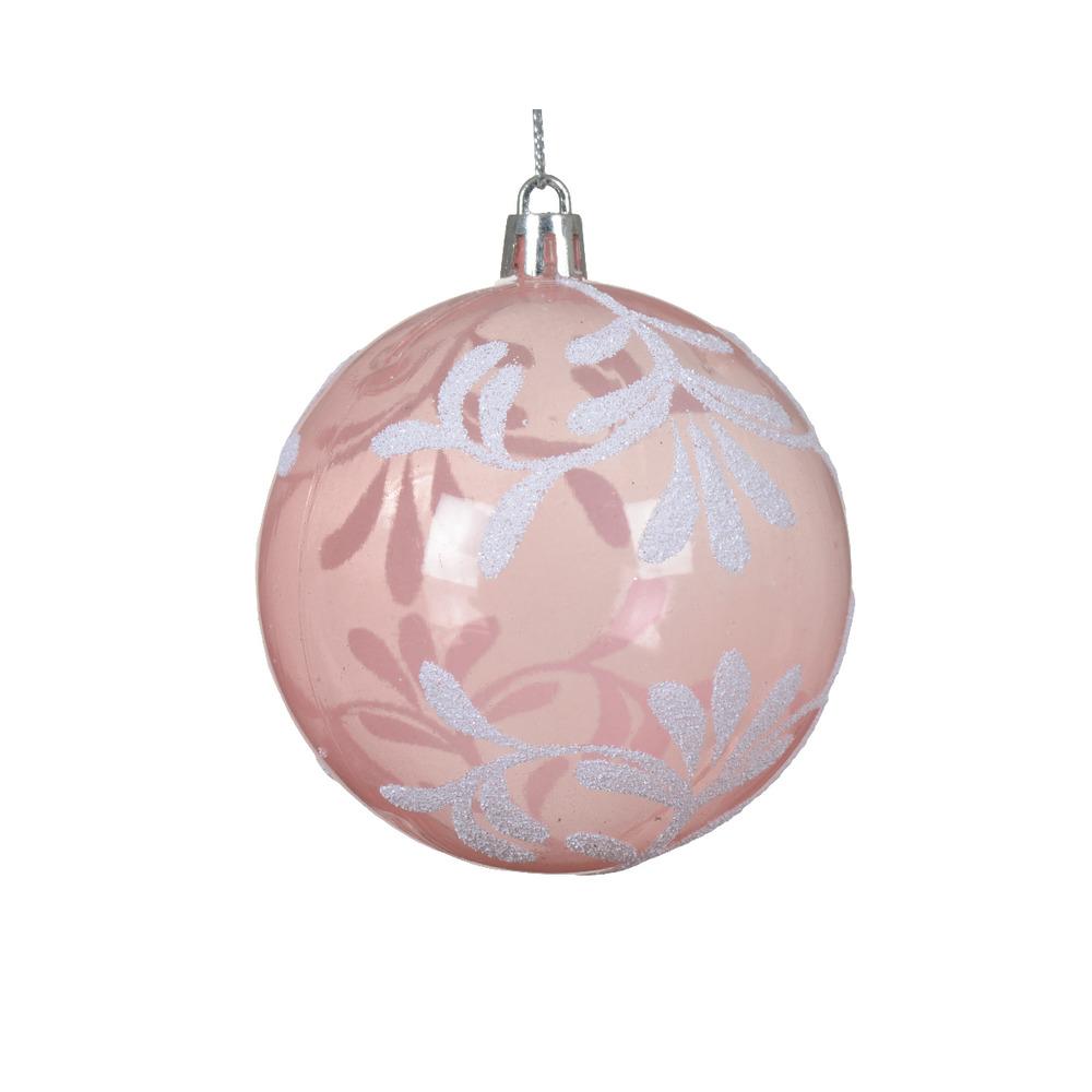 Decoris Shatterproof Bauble with White Glitter Leaves 8cm - Blush Pink