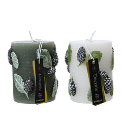 Decoris Pillar Wax Candle with Snow Leaf Relief 8 x 9cm - 2 Assorted Colours