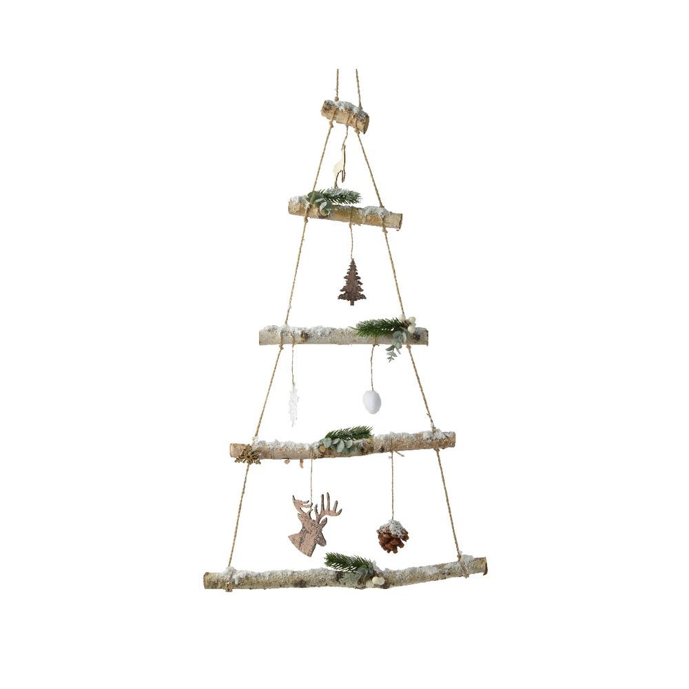 Decoris Pinewood Tree Ladder with Plywood Figure, Snow, Snowflake and Berries 95cm