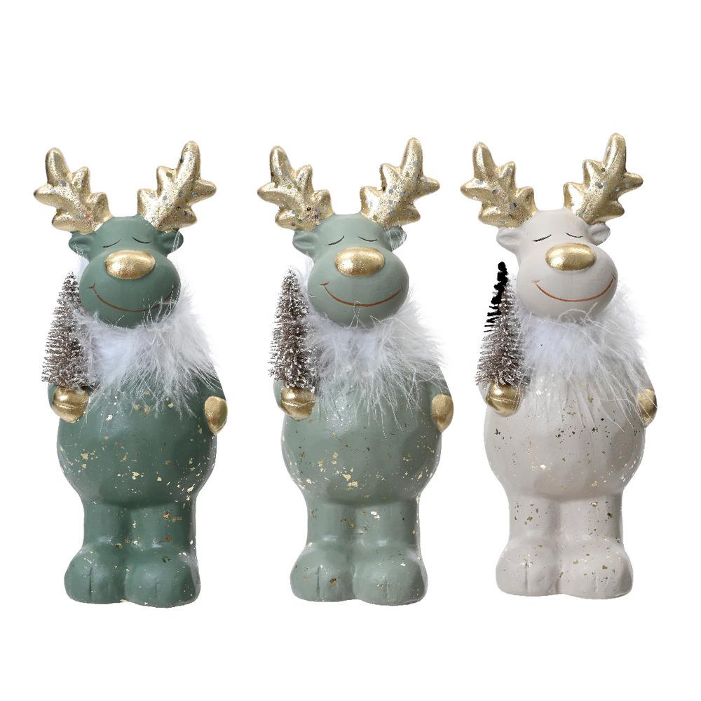 Decoris Terracotta Deer Figure with Faux Fur 22cm - 3 Assorted Shades of Green