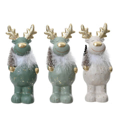 Decoris Terracotta Deer Figure with Faux Fur 22cm - 3 Assorted Shades of Green