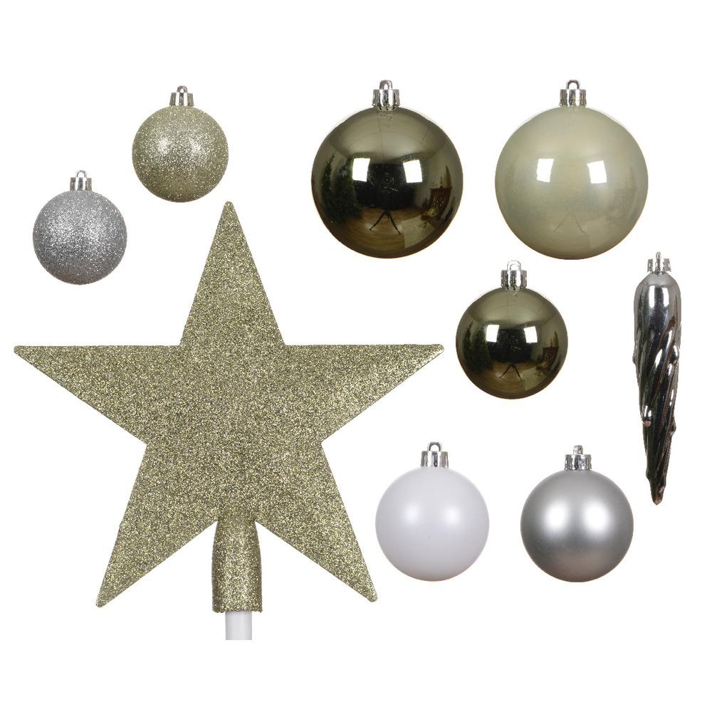 Decoris Shatterproof Bauble Set of 33 Pieces with Star Tree Topper - White, Silver and Green