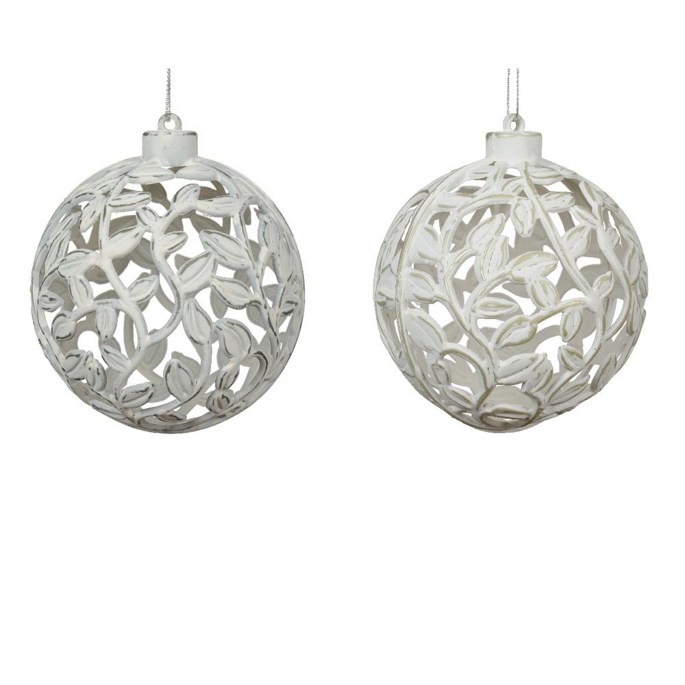 Decoris Shatterproof Bauble with Leaf Cut-Out Design and Antique Finish 9cm - White