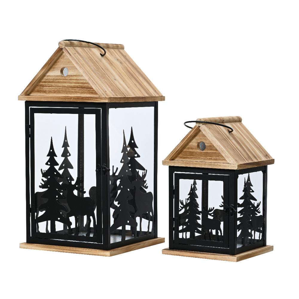 Decoris Iron Firwood House Lantern Set of 2 with Glass Sides