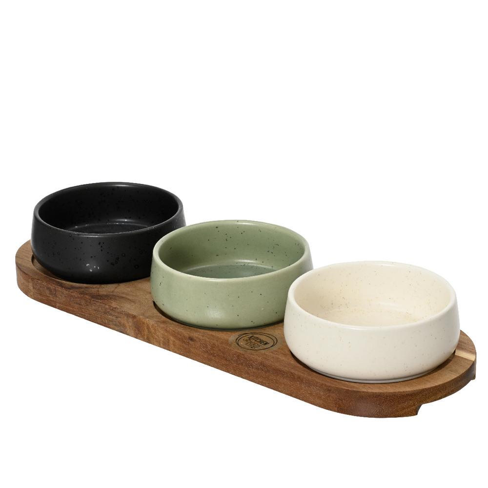 Kitchen Goods Stoneware Tapas Set with Acacia Base 30 x 20cm - Black, Green and White