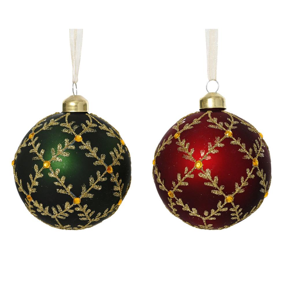 Decoris Glass Bauble with Gems and Gold Glitter Design 8cm - 2 Assorted Colours