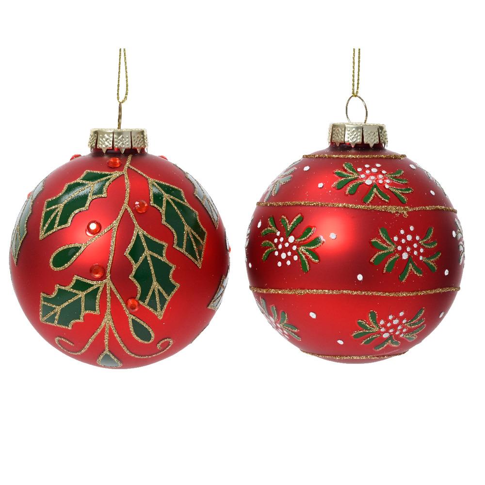 Decoris Glass Bauble with Holly 8cm - 2 Assorted