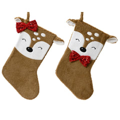 Decoris Polyester Stocking with Deer and Faux Fur 40cm - 2 Assorted